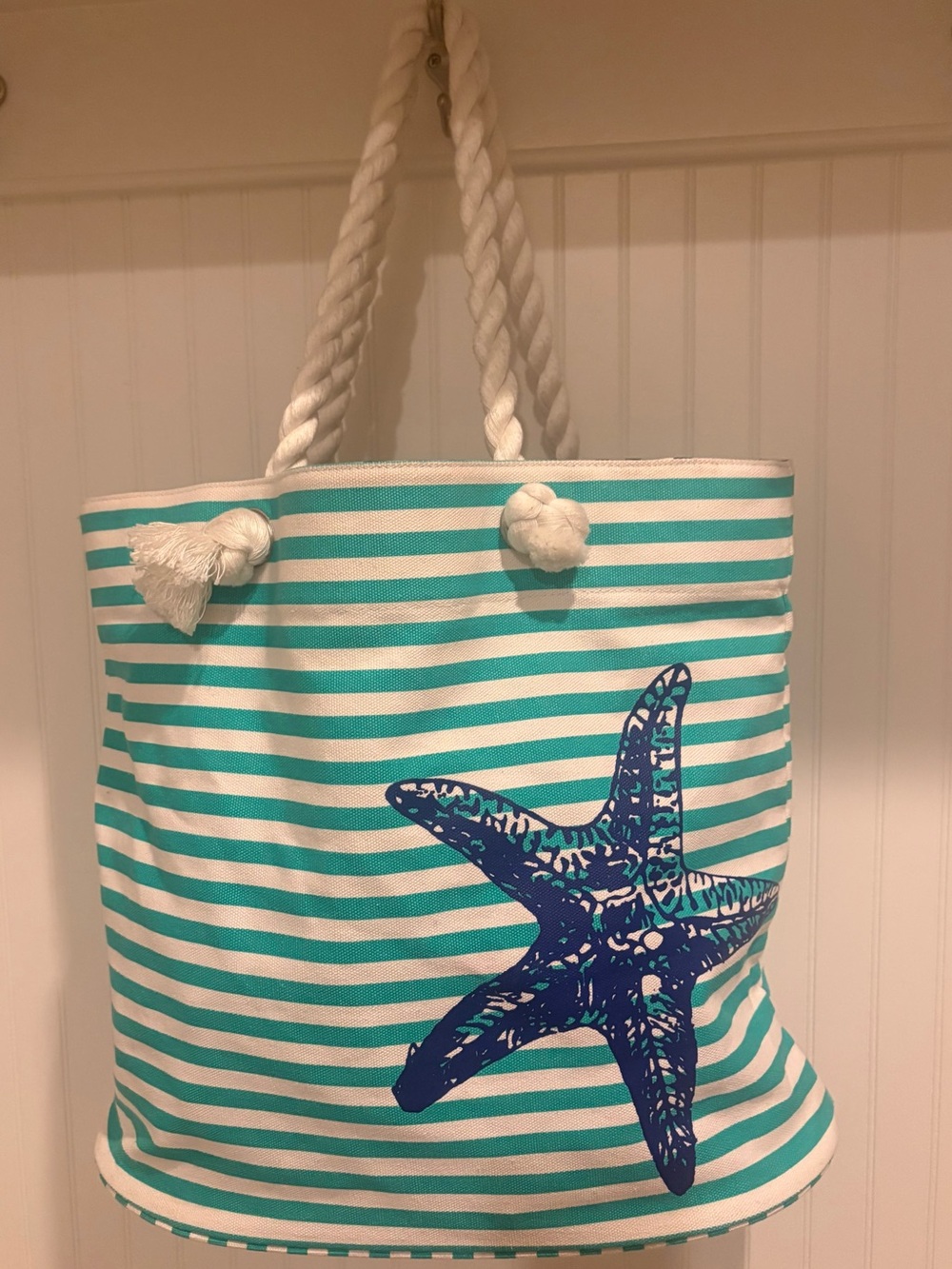 Turquoise & White Striped Tote with Navy Starfish Accent